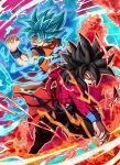  2boys absurdres aura black_hair blue_eyes blue_hair commentary_request dougi dragon_ball dragon_ball_heroes dual_persona frown highres liedein male_focus multiple_boys muscular muscular_male open_mouth red_fur serious son_goku son_goku_(xeno) super_saiyan super_saiyan_4 super_saiyan_blue yellow_eyes 