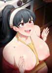  1girl apron bare_shoulders between_breasts black_hair blush breasts breasts_out clothes_between_breasts clothes_pull commentary earrings english_commentary eyelashes from_above from_side furrowed_brow hair_tie hairband indoors jewelry kitchen kneeling large_breasts long_hair neocoill nervous_smile nipples off_shoulder open_hands open_mouth patreon_username ponytail red_eyes red_sweater smile solo spy_x_family stove sweatdrop sweater sweater_pull upper_body web_address white_hairband wooden_floor yellow_apron yor_briar 