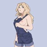  1girl blonde_hair blue_background blue_eyes blue_overalls breasts commentary cowboy_shot denim english_commentary girls_und_panzer half-closed_eyes hand_on_own_thigh highres huaronanago kay_(girls_und_panzer) looking_at_viewer medium_breasts nipples no_bra no_shirt open_mouth overall_shorts overalls simple_background solo standing strap_gap suspenders_pull 