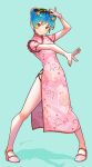  1girl absurdres alternate_costume blue_hair china_dress chinese_clothes double_bun dress floral_print full_body green_background hair_bun hands_up highres horns itou_kazuki lum oni_horns pink_dress print_dress sandals side_slit simple_background solo standing urusei_yatsura yellow_eyes 