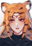  1girl absurdres animal_ears animal_print bangs black_shirt brown_eyes collarbone eyeshadow forehead_jewel grey_background highres looking_to_the_side makeup mootea nara_haramaung nijisanji nijisanji_id orange_hair parted_bangs parted_lips portrait red_eyeshadow shirt solo tiger_ears tiger_girl tiger_print virtual_youtuber 