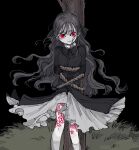  1girl amaotopian arms_behind_back black_background body_writing bound bow brown_hair dress floating_hair grass hair_bow highres kneehighs long_hair looking_at_viewer magic_circle original red_eyes rope smile socks solo star_(symbol) tied_up_(nonsexual) tree wavy_hair wind wind_lift witch 