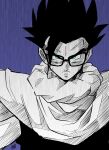  1boy absurdres blue_background commentary_request dragon_ball dragon_ball_super dragon_ball_super_super_hero frown glasses green_eyes greyscale hatching_(texture) highres liedein male_focus monochrome serious shoulder_pads signature solo son_gohan spot_color upper_body 