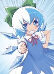  1girl bangs blue_dress blue_eyes blue_hair blush bow cirno collared_shirt commentary_request cowboy_shot dated dress dutch_angle emphasis_lines flat_chest green_bow grin hair_bow hand_on_hip highres ice ice_wings kei_jiei looking_at_viewer neck_ribbon pinafore_dress pointing pointing_at_viewer puffy_short_sleeves puffy_sleeves red_ribbon ribbon shirt short_hair short_sleeves smile solo touhou white_shirt wings 