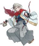  1boy arrow_(projectile) bangs black_socks bow_(weapon) character_print commentary corrin_(fire_emblem) corrin_(male)_(fire_emblem) corrin_(male)_(new_year)_(fire_emblem) english_commentary fire_emblem fire_emblem_fates fire_emblem_heroes full_body grey_hair grey_hakama hair_between_eyes hakama highres holding holding_arrow holding_bow_(weapon) holding_weapon japanese_clothes kimono lilith_(fire_emblem) looking_away male_focus misokatsuhaumai open_clothes open_kimono pointy_ears red_eyes red_scarf sandals scarf short_hair simple_background socks solo tongue tongue_out weapon white_background wide_sleeves 