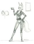  2023 anthro baron_engel belt boots breasts canid canine cleavage clothed clothing diane_foxington dreamworks eyebrows female footwear fox gem graphite_(artwork) hi_res high_heeled_boots high_heels holding_object jumpsuit mammal monochrome pencil_(artwork) smile solo the_bad_guys traditional_media_(artwork) 
