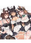  3girls absurdres alternate_costume animal_ears aqua_eyes bare_shoulders between_breasts black_hair black_pantyhose bow breasts brown_hair choker cleavage dress enmaided fishnet_thighhighs fishnets frilled_dress frills green_bow highres horse_ears horse_girl horse_tail large_breasts long_hair looking_at_viewer maid maid_headdress multicolored_hair multiple_girls narusawa_(njzc2582) necktie necktie_between_breasts one_eye_closed pantyhose purple_eyes red_eyes simple_background sirius_symboli_(umamusume) streaked_hair symboli_kris_s_(umamusume) symboli_rudolf_(umamusume) tail thigh_strap thighhighs umamusume very_long_hair white_background white_hair white_wrist_cuffs wrist_cuffs 