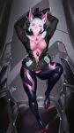  absurd_res anthro bat big_breasts big_ears bodysuit breasts clothing female gun hi_res jacket looking_at_viewer lying machine mammal mecha okata on_back pinup pose ranged_weapon skinsuit solo thick_thighs tight_clothing topwear weapon 