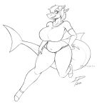  2022 anthro big_breasts bottomwear breasts clothing dpronin dragon eyebrows female fish hair hair_over_eye hand_on_hip hand_on_leg hand_on_thigh hi_res horn hybrid looking_at_viewer marine midriff navel nervous_smile one_eye_obstructed pants potbelly raised_eyebrow scalie shark signature slightly_chubby smile solo 