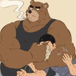  anthro arm_around_neck bear black_hair bodily_fluids brown_body brown_fur cigarette clothing covering covering_face cross-popping_vein duo fur hair hi_res holding_partner human human_on_anthro interspecies larger_anthro larger_male male male/male mammal mtmnkmn muscular muscular_anthro muscular_male pecs shirt size_difference smaller_human smaller_male smoking stubble sweat tank_top topwear 
