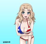  1girl american_flag_bikini bikini blonde_hair blue_background blue_eyes breast_hold breasts cleavage cowboy_shot flag_print girls_und_panzer gradient_background hair_intakes halterneck hand_on_own_arm kay_(girls_und_panzer) kkonmulbeom_nyomy large_breasts leaning_forward long_hair looking_at_viewer navel open_mouth smile solo standing swimsuit textless_version twitter_username 