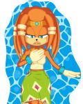  2021 5_fingers anthro armband bottomwear breasts clothing digital_media_(artwork) echidna female fingers hair headgear headwear hi_res mammal monotreme orange_body orange_hair sega skirt smile solo sonic_adventure sonic_the_hedgehog_(series) teal_eyes thecakeee tikal_the_echidna topwear water 