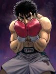  1boy black_hair boxing boxing_gloves boxing_shorts clip_studio_paint_(medium) collarbone commentary dempsey_roll drawing english_commentary fighting_stance hair_between_eyes hajime_no_ippo highres illustrator looking_at_viewer makunouchi_ippo male_focus muscular muscular_male self-upload serious short_hair shorts solo spero-manga upper_body 