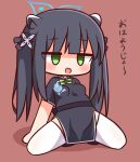  1girl :d arm_support bangs black_dress black_footwear black_hair blue_archive bow breasts brown_background china_dress chinese_clothes commentary_request dress empty_eyes full_body green_bow green_eyes halo hana_kazari highres long_hair looking_at_viewer revision shadow shoes short_sleeves shun_(blue_archive) shun_(small)_(blue_archive) small_breasts smile solo spread_legs thighhighs translation_request twintails very_long_hair white_thighhighs 