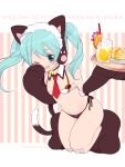 1girl ahoge animal_ear_headphones animal_ears animal_hands azurite0012 bangs bell bikini blue_eyes blue_hair blush butter cat_ear_headphones cat_ears cat_tail choker cup detached_collar drink drinking_straw english_text fake_animal_ears fake_tail fang flower food fruit gloves hatsune_miku headphones holding holding_tray long_hair looking_at_viewer maid_headdress neck_bell necktie nyan_ko_(module) one_eye_closed open_mouth orange_(fruit) orange_slice pancake pancake_stack paw_gloves paw_shoes project_diva_(series) side-tie_bikini_bottom smile solo striped striped_background swimsuit tail tray typo vocaloid 