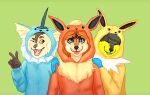  anthro black_body black_fur black_hair black_nose blep blue_eyes blue_onesie canid cheek_tuft clothed clothing eyes_closed facial_tuft female fur green_background group hair happy male mammal onesie open_mouth open_smile orange_body orange_eyes orange_fur orange_hair orange_onesie pupils red_tongue roobin simple_background slit_pupils smile tan_body tan_fur tongue tongue_out trio tuft white_body white_fur yellow_onesie 
