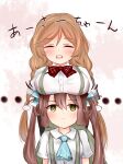  2girls alternate_breast_size arm_warmers asagumo_(kancolle) ascot blue_ascot bow bowtie braid breast_envy breast_press breast_rest breasts breasts_on_head brown_hair cloud_hair_ornament gradient_background gradient_hair grey_eyes hair_ribbon kantai_collection large_breasts light_brown_hair long_hair low_twin_braids minegumo_(kancolle) multicolored_hair multiple_girls open_mouth pink_background plaid plaid_bow plaid_bowtie pleated_skirt red_bow red_bowtie ribbon shirt simple_background skirt small_breasts smile suspenders twin_braids twintails white_shirt yuki_(yukineko-nyaa) 