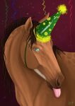  2020 alexandradane ambiguous_gender blue_eyes brown_body brown_hair brown_mane bust_portrait clothing digital_media_(artwork) dolero equid equine feral hair hat headgear headwear hi_res horse looking_at_viewer mammal mane party_hat portrait simple_background solo tongue 