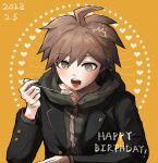  1boy bangs black_jacket brown_eyes brown_hair commentary danganronpa:_trigger_happy_havoc danganronpa_(series) dated food green_jacket happy_birthday heart holding holding_spoon hood hooded_jacket jacket male_focus matcha_(yajima) naegi_makoto open_clothes open_jacket orange_background short_hair solo spiked_hair spoon symbol-only_commentary teeth tongue 