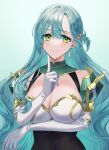  1girl aqua_hair armor bangs bare_shoulders braid breasts chloe_(fire_emblem) cleavage elbow_gloves fire_emblem fire_emblem_engage gloves green_eyes highres large_breasts long_hair looking_at_viewer pegasus_knight_uniform_(fire_emblem) shoulder_armor side_braid single_braid skin_tight smile solo tomo_shirasu very_long_hair white_gloves 