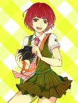  1girl :d bangs blunt_bangs bob_cut camera collared_shirt cowboy_shot cropped_legs danganronpa_(series) danganronpa_2:_goodbye_despair dress dress_shirt freckles green_dress holding holding_camera koizumi_mahiru kuru_(kzyr) looking_at_viewer necktie open_mouth plaid plaid_background plaid_necktie pleated_dress pleated_skirt red_eyes red_hair red_necktie shirt short_hair short_sleeves shoulder_strap skirt smile solo strap white_shirt wing_collar yellow_background 