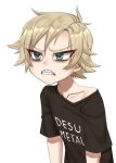  black_shirt blonde_hair clenched_teeth clothes_writing collarbone commentary english_commentary eyes_visible_through_hair flat_chest frown green_eyes looking_away original pun sharp_teeth shirt short_hair simple_background t-shirt teeth twrlare upper_body white_background 