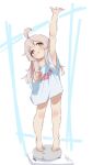  1girl :o ahoge arm_up armpits bangs barefoot brown_eyes commentary cooking_pot cutting_board full_body highres long_hair no_pants off_shoulder onii-chan_wa_oshimai! oversized_clothes oversized_shirt oyama_mahiro pink_hair rarigo reaching shirt short_sleeves simple_background solo standing t-shirt tiptoes trembling uneven_eyes white_background white_shirt 