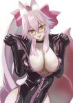  1girl animal_ear_fluff animal_ears bangs black_bodysuit blush bodysuit bow breasts center_opening choker cleavage fate/grand_order fate_(series) fox_ears fox_girl fox_tail glasses hair_between_eyes hair_bow highres hip_vent koyanskaya_(assassin)_(first_ascension)_(fate) koyanskaya_(fate) kugiseiichi large_breasts long_hair looking_at_viewer pink_bow pink_hair ponytail sidelocks smile solo tail tamamo_(fate) tongue tongue_out white_background yellow_eyes 