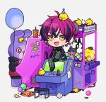  &gt;_&lt; 1boy :d animal_on_head arcade_cabinet bag bag_of_chips ball balloon bangs bird bird_on_head black_footwear black_hair black_jacket blush blush_stickers bug cat chibi chick chips_(food) cockroach commentary controller crane_game crossed_bangs crumpled_paper cup disposable_cup doppio_dropscythe drinking_straw english_commentary eyebrow_piercing food full_body game_controller grey_pants hair_between_eyes hat jacket joystick long_sleeves looking_at_viewer multicolored_hair nijisanji nijisanji_en on_head open_clothes open_jacket open_mouth pants paper party_hat party_horn piercing plaid plaid_pants pompompurin ponytail potato_chips purple_hair rabbit raii_(rraiire) sanrio shoes short_hair short_ponytail sidelocks simple_background sitting smile standing sticker stool streaked_hair virtual_youtuber white_background white_hair xsoleil yellow_eyes 