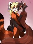 1boy 1girl absurdres ahoge aldharoku ass_grab blonde_hair blue_eyes body_fur brown_fur brown_hair carrying carrying_person completely_nude fang from_side furry furry_female furry_male furry_with_furry grabbing_another&#039;s_ass gradient_background groping hetero highres long_hair nude original pink_background raccoon_girl sex short_hair signature standing standing_sex tail testicles tongue tongue_out 