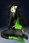  1girl :d aldharoku ass black_bodysuit black_hair black_lips bodysuit breasts from_side green_bodysuit green_eyes green_hair hair_between_eyes highres kim_possible large_breasts long_hair looking_at_viewer looking_to_the_side open_mouth shego sitting smile solo steam teeth upper_teeth_only wariza 