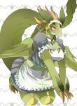 1girl animal_feet animal_hands apron black_dress blush breasts brooch claws closed_mouth colored_skin commentary_request dragon_girl dragonmaid_lorpar dress frilled_apron frills full_body furry furry_female gem green_gemstone green_hair green_skin green_wings highres jewelry kneeling lizard_tail long_hair looking_at_viewer maid maid_headdress medium_breasts orange_eyes own_hands_together puffy_short_sleeves puffy_sleeves ryuuichirou_(dragonryuusuki) sash short_dress short_sleeves solo tail v_arms waist_apron white_apron white_background wings yu-gi-oh! 