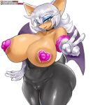  2023 anthro bat big_breasts blush breasts camel_toe clothing female gesture girlsay hair hi_res huge_breasts looking_at_viewer mammal membrane_(anatomy) membranous_wings nipple_outline rouge_the_bat sega solo sonic_the_hedgehog_(series) tight_clothing v_sign white_hair wings 