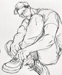  1boy alternate_costume bara baseball_cap billy_russell_(dickfish) casual dickfish_(fishismdick) facial_hair full_body glasses hat knee_up male_focus mature_male muscular muscular_male mustache original scan shirt short_hair sideburns sitting sketch solo traditional_media tying_footwear 