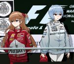  2girls alternate_costume ayanami_rei baseball_cap blue_eyes blue_hair commission formula_one hands_in_pockets hat highres holding holding_clothes holding_hat holeecrab long_hair multiple_girls neon_genesis_evangelion racing racing_suit red_eyes red_hair short_hair souryuu_asuka_langley 