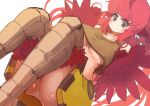  1girl absurdres ahoge animal_ears ass bangs bare_shoulders bird_ears bird_legs blush breasts brown_eyes brown_tank_top coco_(eogks) commentary english_commentary feathers harpy highres large_breasts long_hair looking_at_viewer midriff monster_girl nn_(eogks) original panties red_feathers red_hair red_wings skirt solo tank_top underboob underwear upskirt very_long_hair white_background white_panties winged_arms wings yellow_skirt 