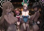  4girls akane_(blue_archive) akane_(bunny)_(blue_archive) animal_ears asuna_(blue_archive) asuna_(bunny)_(blue_archive) bar_(place) bare_shoulders blue_archive bow bowtie breasts brown_pantyhose cleavage detached_collar fake_animal_ears fishnet_pantyhose fishnets glasses gloves hair_over_one_eye halo highres karin_(blue_archive) karin_(bunny)_(blue_archive) large_breasts leotard looking_at_viewer mole mole_on_breast multiple_girls neru_(blue_archive) neru_(bunny)_(blue_archive) official_alternate_costume pantyhose playboy_bunny rabbit_ears sideboob sitting standing sunkilow white_gloves wrist_cuffs 