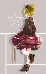  1girl artist_name black_bow black_shirt blonde_hair boots bow brown_dress brown_footwear closed_mouth dated dress frilled_dress frills full_body hair_bow hair_bun high_heel_boots high_heels highres kurodani_yamame long_hair long_sleeves looking_back namauni shirt smile solo touhou yellow_eyes 