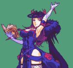  1girl bangs bare_shoulders book breasts cleavage dress elbow_gloves fascinator fire_emblem fire_emblem_engage flower glaceo gloves hair_ornament holding holding_book ivy_(fire_emblem) jewelry large_breasts long_hair looking_at_viewer mole mole_under_mouth open_mouth parted_lips pixel_art purple_eyes purple_hair rose solo thighhighs white_gloves 