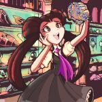  1girl :d ascot brown_eyes brown_hair dress fossil glitch grey_dress hair_pulled_back hand_on_own_cheek hand_on_own_face highres holding indoors long_hair missingno. open_mouth pink_ascot pixel_art pokemon pokemon_(game) pokemon_oras roxanne_(pokemon) saint_delys shelf short_sleeves smile solo standing twintails 