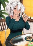  1girl alternate_costume bangs black_nails breasts cake cleavage commentary_request cushion dark-skinned_female dark_skin denim eating food green_sweater grey_hair hair_between_eyes highres holding holding_food indoors jeans jewelry kantai_collection large_breasts licking_lips long_bangs long_hair looking_at_viewer multiple_rings musashi_(kancolle) on_chair pants plant ribbed_sweater ring round_table semi-rimless_eyewear sitting solo sweater table tongue tongue_out twintails wedding_ring window yunamaro 