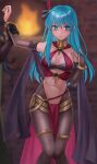  1boy 1girl absurdres bandeau bare_shoulders black_gloves black_pantyhose blue_eyes blue_hair bracelet bridal_gauntlets commentary_request criss-cross_halter eirika_(fire_emblem) elbow_gloves feather_hair_ornament feathers feet_out_of_frame fire_emblem fire_emblem:_the_sacred_stones gloves hair_between_eyes hair_ornament hair_ribbon halterneck harem_outfit hazuki_(nyorosuke) highres indoors jewelry long_hair looking_at_viewer midriff navel neck_ring out_of_frame pantyhose pelvic_curtain ribbon shawl solo_focus standing stomach thighlet thighs valter very_long_hair 