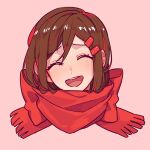  1girl ^_^ brown_hair closed_eyes commentary commission english_commentary engrish_commentary enpera facing_viewer fringe_trim hair_ornament hairclip head_only hisu_(hiss_1107) kagerou_project korean_commentary mekakucity_actors mixed-language_commentary pink_background red_scarf scarf simple_background smile solo tateyama_ayano teeth upper_teeth_only 