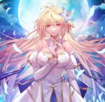  1girl archetype_earth arcueid_brunestud bangs bare_shoulders blonde_hair blue_gloves blue_skirt blush breasts cleavage detached_collar detached_sleeves dress fate/grand_order fate_(series) flower full_moon gloves hair_flower hair_ornament large_breasts long_hair looking_at_viewer moon multicolored_clothes multicolored_skirt night night_sky red_eyes sagta_panggang skirt sky smile solo tsukihime very_long_hair white_dress 