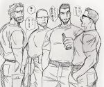  4boys bara beard billy_russell_(dickfish) bottle buzz_cut character_request dickfish_(fishismdick) facial_hair feet_out_of_frame glasses highres holding holding_bottle large_pectorals laughing male_focus mature_male multiple_boys muscular muscular_male mustache original pectorals raised_eyebrow scan shirt short_hair sideburns sketch standing stubble talking thick_eyebrows traditional_media very_short_hair 