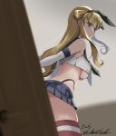  1girl black_neckerchief black_panties blonde_hair blue_sailor_collar blue_skirt breasts cosplay crop_top double_bun eckert&amp;eich elbow_gloves fletcher_(kancolle) gloves hair_bun highleg highleg_panties highres indoors kantai_collection large_breasts long_hair microskirt neckerchief open_door panties purple_eyes sailor_collar shimakaze_(kancolle) shimakaze_(kancolle)_(cosplay) skirt striped striped_thighhighs thighhighs thong twitter_username underwear white_gloves 