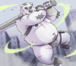  2023 absurd_res anthro bandage bandaged_arm bear belly big_belly black_nose bulge clothing detailed_background hi_res kemono male mammal moobs navel outside overweight overweight_male peekeroro polar_bear scar solo underwear ursine weapon white_body 
