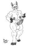  2023 animal_genitalia anthro balls boo3 boo_(boo3) breasts ear_piercing genitals gynomorph hyper intersex lagomorph leporid mammal muscular navel navel_piercing nipple_piercing nipples penis piercing rabbit sheath sketch solo 