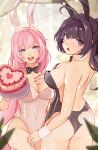  2girls absurdres alternate_costume animal_ears bangs bare_shoulders black_leotard blue_eyes blurry blurry_background blush bow bowtie breasts cake cleavage collarbone cowboy_shot detached_collar elysia_(honkai_impact) fake_animal_ears fake_tail food from_behind highleg highleg_leotard highres holding holding_tray honkai_(series) honkai_impact_3rd large_breasts leotard long_hair looking_at_viewer looking_back mofumanju multiple_girls open_mouth pink_hair playboy_bunny pointy_ears purple_eyes purple_hair rabbit_ears rabbit_tail raiden_mei smile standing strapless strapless_leotard tail teeth tray upper_teeth_only white_leotard wrist_cuffs 