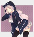  1girl adjusting_clothes adjusting_hood animal_bag animal_hood backpack bag bangs black_hoodie black_thighhighs blunt_bangs breasts cat cat_bag cat_hood collared_shirt contrapposto cowboy_shot cropped_legs danganronpa_(series) danganronpa_2:_goodbye_despair dress_shirt framed galaga hair_ornament half-closed_eyes hood hood_up hoodie kuru_(kzyr) large_breasts leaning leaning_forward long_sleeves looking_at_viewer miniskirt nanami_chiaki neck_ribbon open_mouth pink_bag pink_eyes pink_hair pink_ribbon pleated_skirt ribbon shirt short_hair skirt solo thighhighs white_shirt 